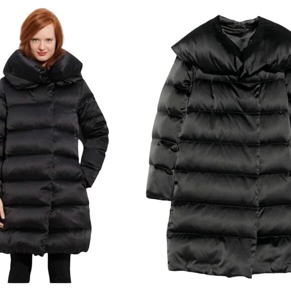 DVF Goose Down Black Satin Zona Puffer Zip Hood Coat Size P - Picture 14 of 14